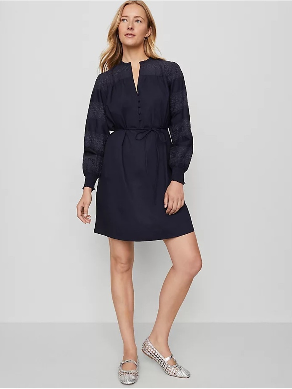 Ann Taylor Navy Lace-Sleeve Tie-Waist Mini Dress